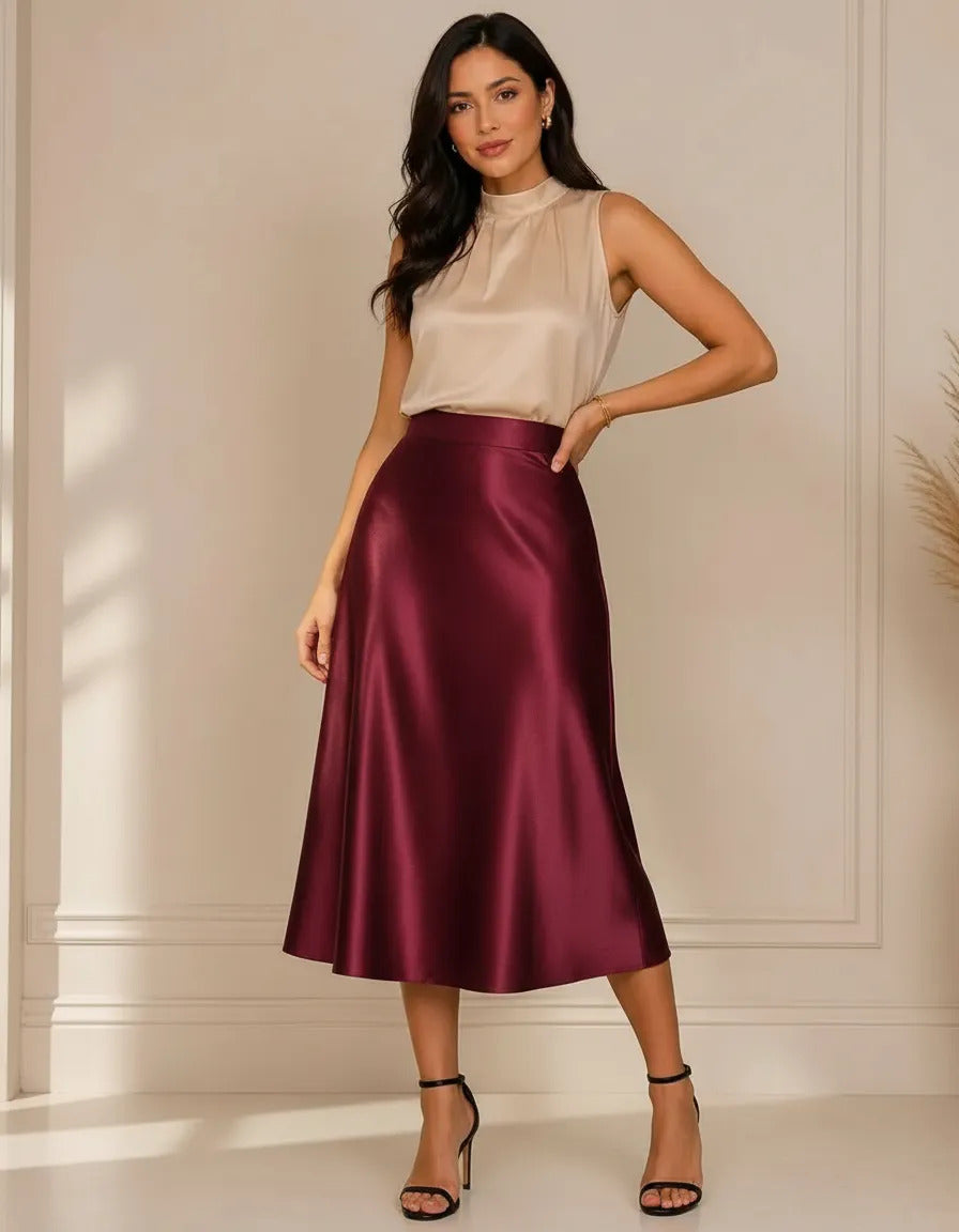 Saia Cetim Feminina Midi Brilho Moda Elegante Full