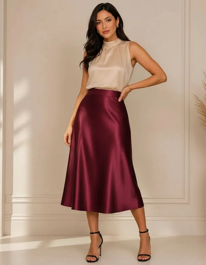 Saia Cetim Feminina Midi Brilho Moda Elegante Full