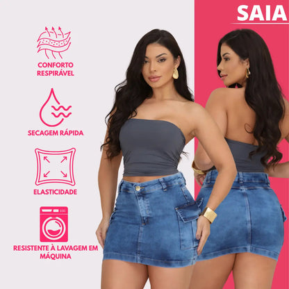 Saia Cargo Feminina Cintura Alta Com Lycra Levanta Bumbum
