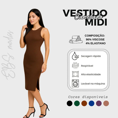 Vestido Canelado Midi Regata Com Fenda Zero Transparência