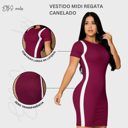 Vestido Canelado Curto Com Manga Casual Básico Modelador