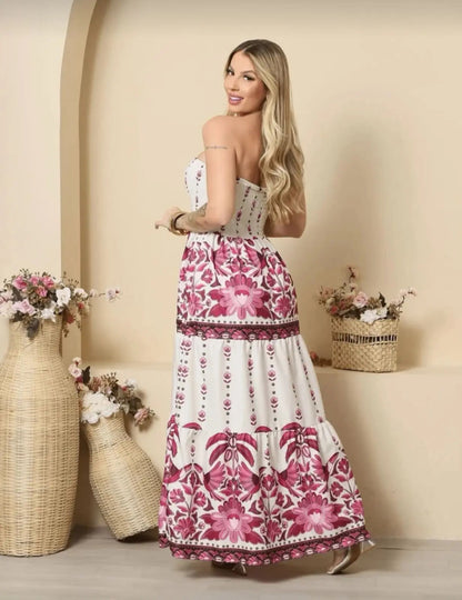 Lightweight Elastic Floral Strapless Long Dress Summer Fashion