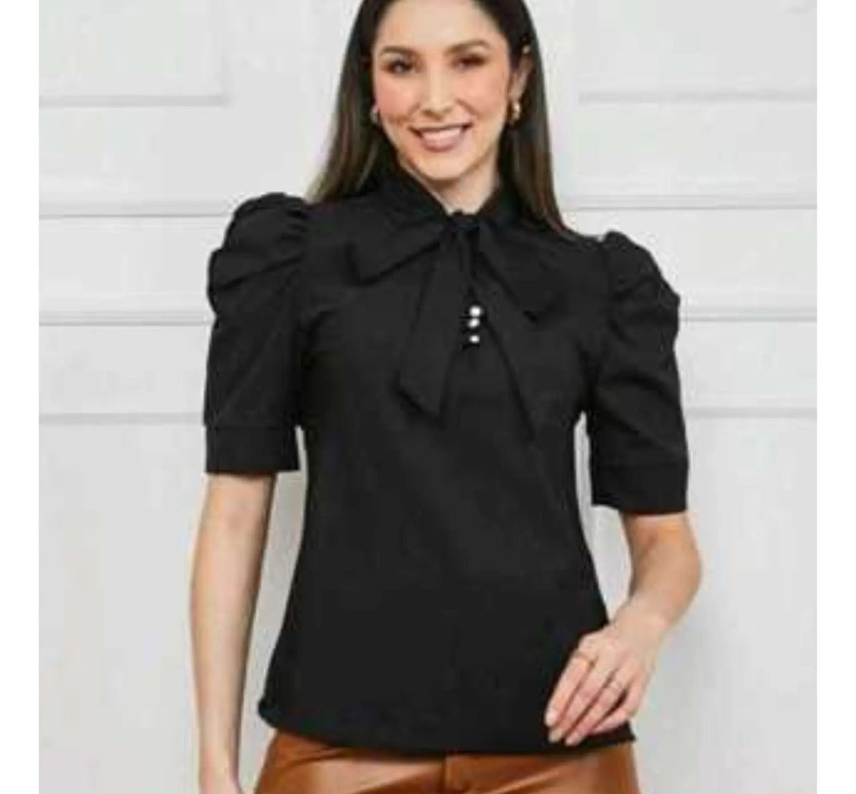 Blusa Camisa Social Romântica Laço E Botões De Pérola Manga