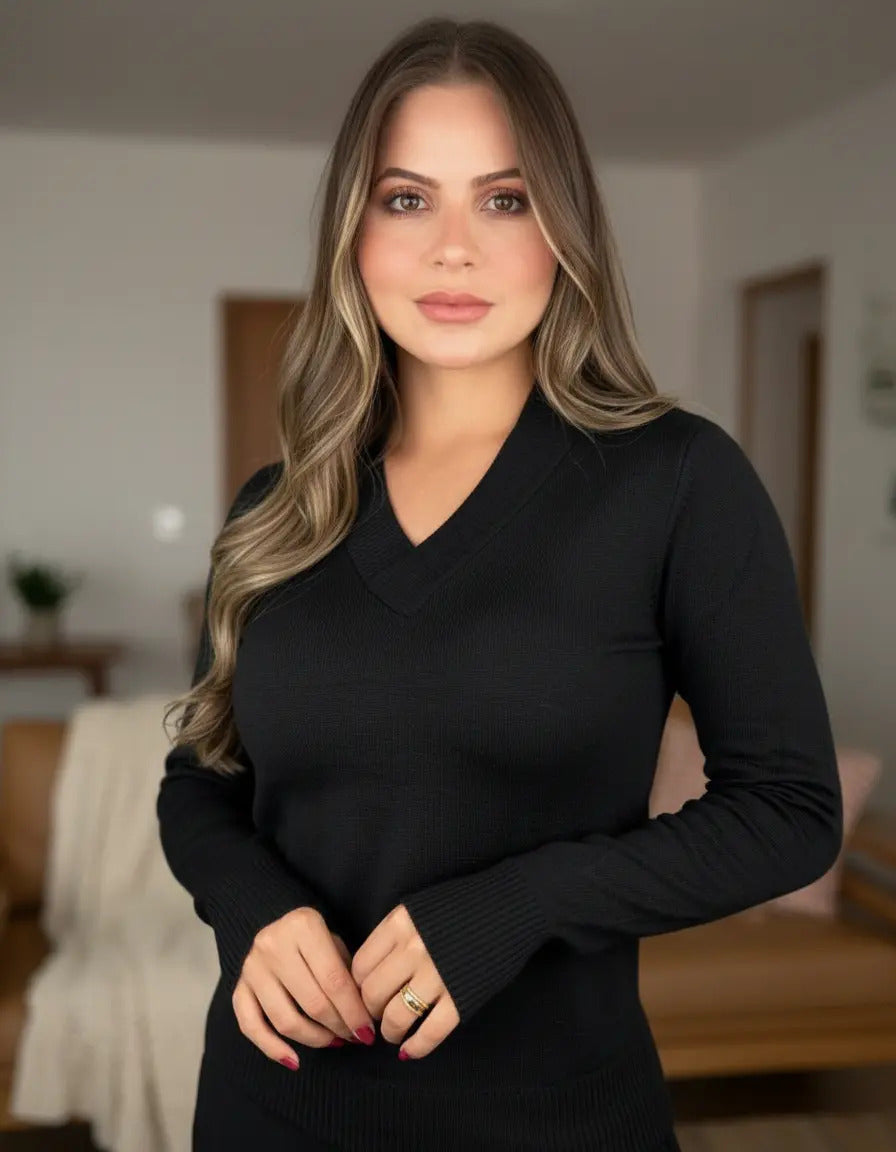 Blusa Trico Basica De Frio Feminina Decote V Manga Longa