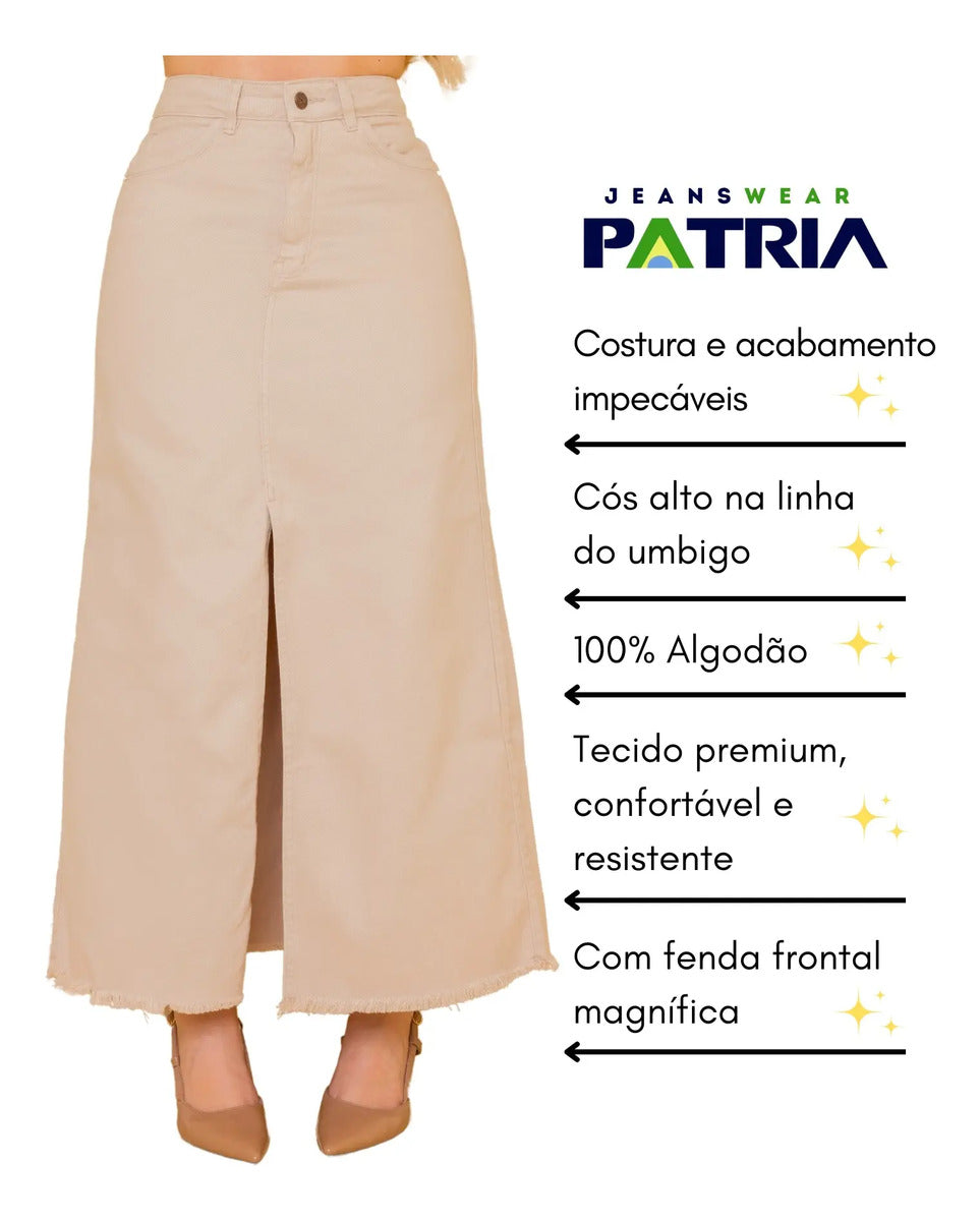 Saia Midi Longa Feminina Cintura Alta Com Fenda Sarja Grossa
