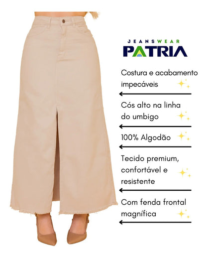 Saia Midi Longa Feminina Cintura Alta Com Fenda Sarja Grossa