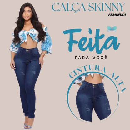 Calça Preta Jeans Feminina Com Elastano Cintura Alta Skinny