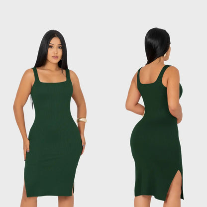 Vestido Midi Canelado Premium Com Alça E Fendas Casual Básico