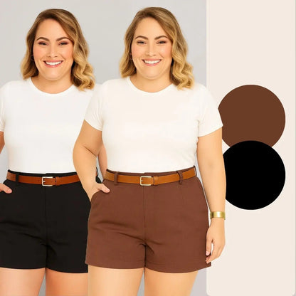 Kit 2 Shorts Femininos Plus Size Cintura Alta Com Cinto
