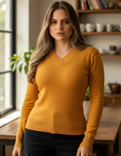 Blusa Trico Basica De Frio Feminina Decote V Manga Longa