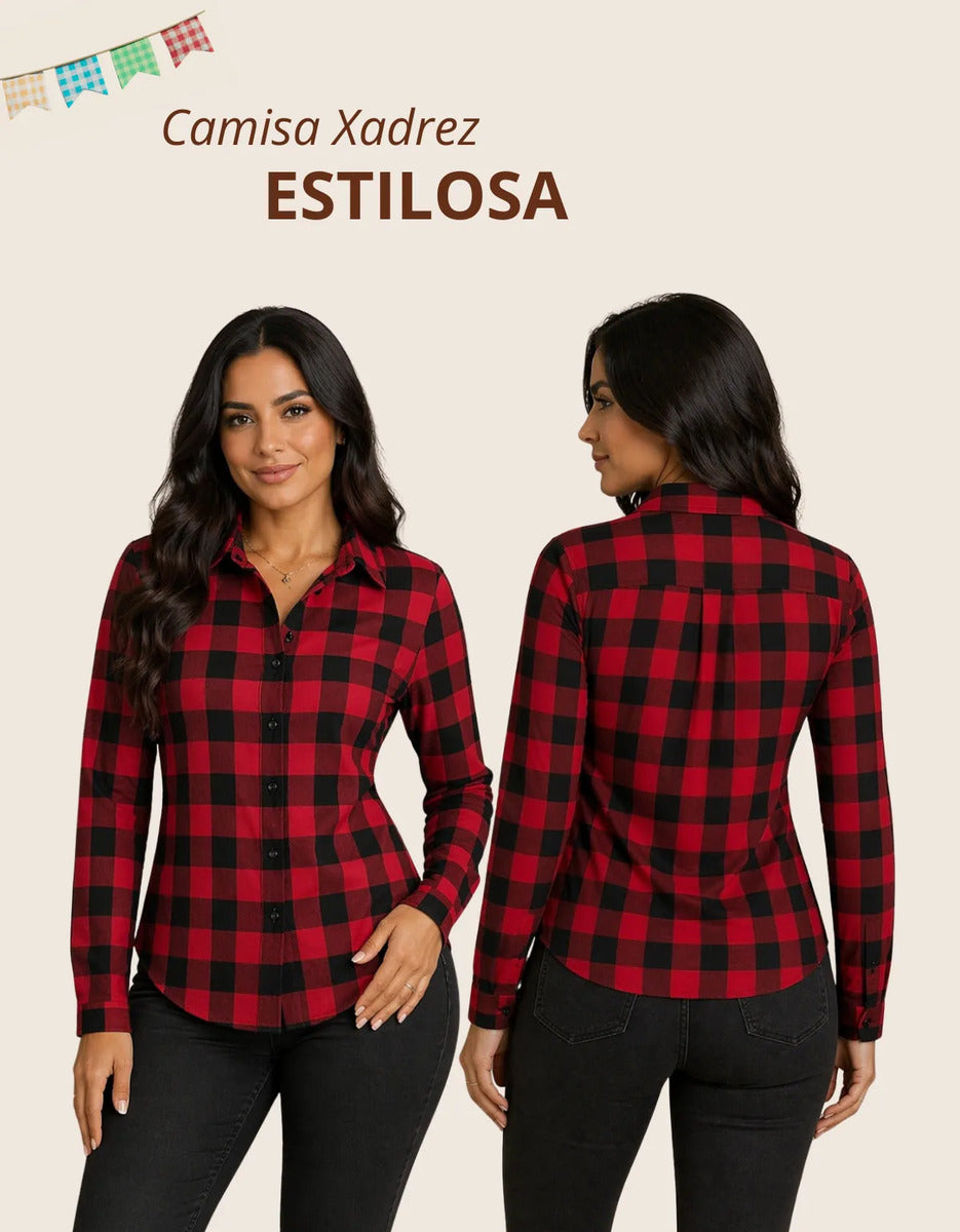 Camisa Xadrez Longa Blusa Manga Festa Junina Social De Botão