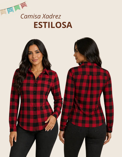 Camisa Xadrez Longa Blusa Manga Festa Junina Social De Botão