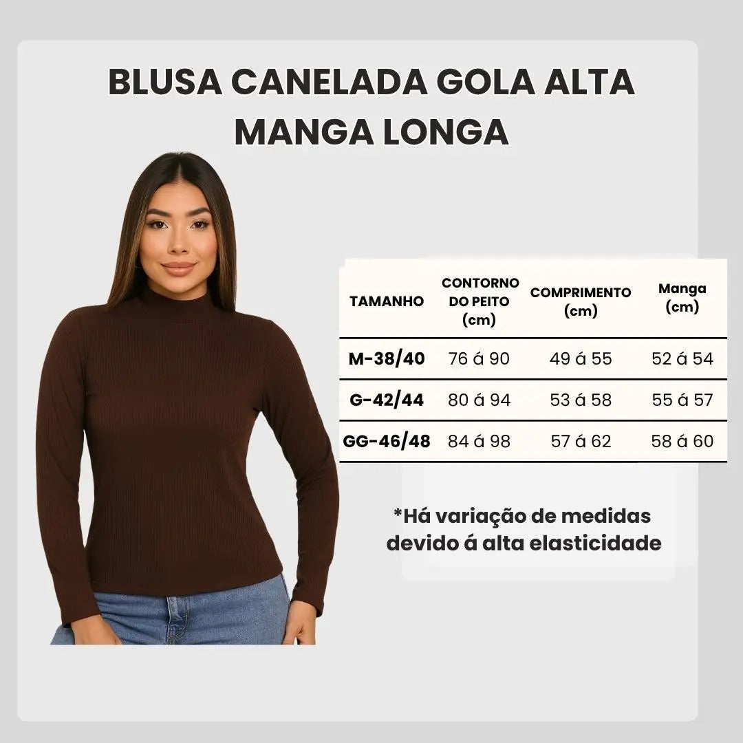 Blusa Feminina Canelada Gola Alta Manga Comprida Cacharrel