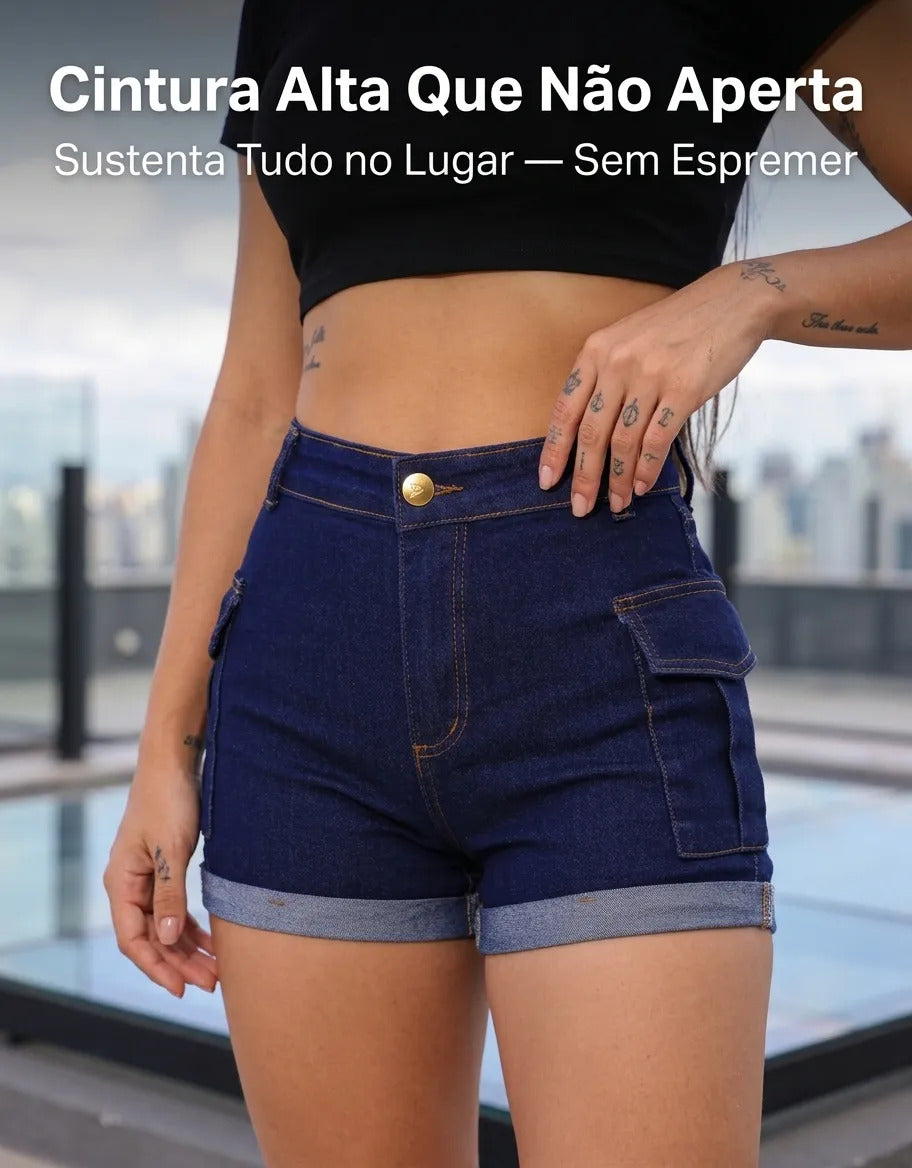 Short Jeans Feminino Shorts Cargo Com Lycra Cintura Alta