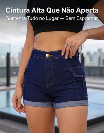 Short Jeans Feminino Shorts Cargo Com Lycra Cintura Alta