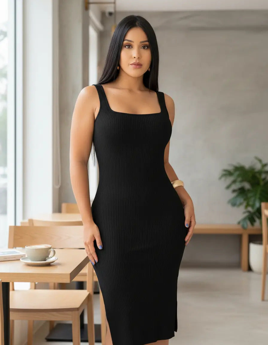 Vestido Midi Canelado Premium Com Alça E Fendas Casual Básico