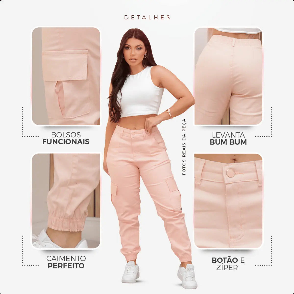 Calça Cargo Jogger Jeans Feminina Cintura Alta Com Lycra