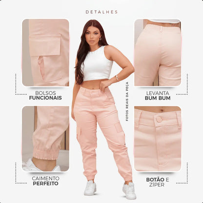 Calça Cargo Jogger Jeans Feminina Cintura Alta Com Lycra