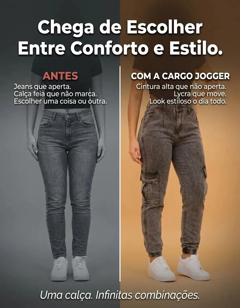 Calça Cargo Jogger Jeans Feminina Cintura Alta Com Lycra