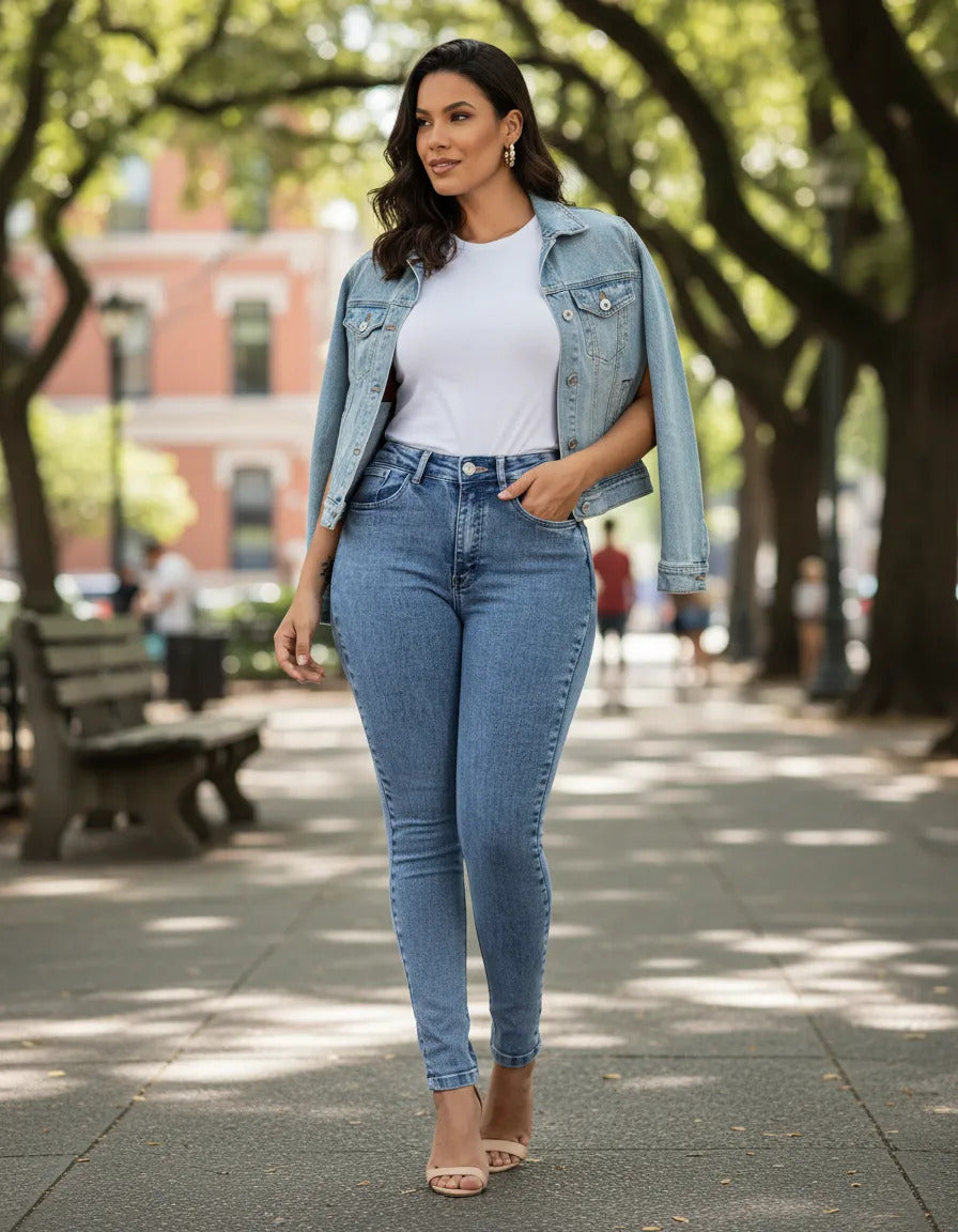 Calça Skinny Jeans Feminina Cintura Alta Marmorizada Lycra
