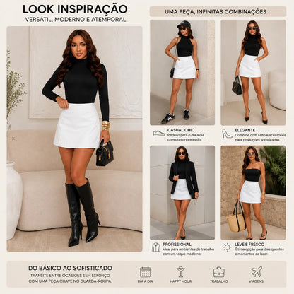 Short Saia Feminino Couro Fake Alta Moda Gringa Blogueira