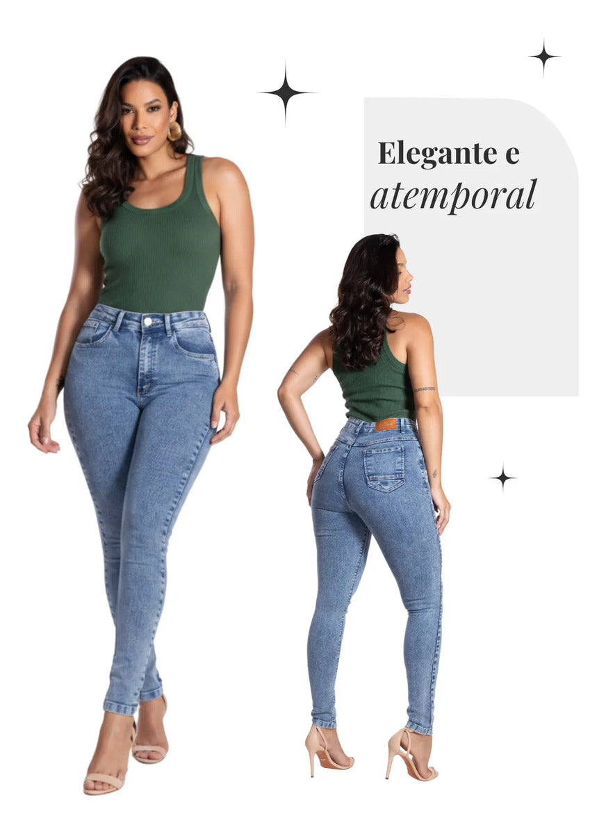 Calça Skinny Jeans Feminina Cintura Alta Marmorizada Lycra