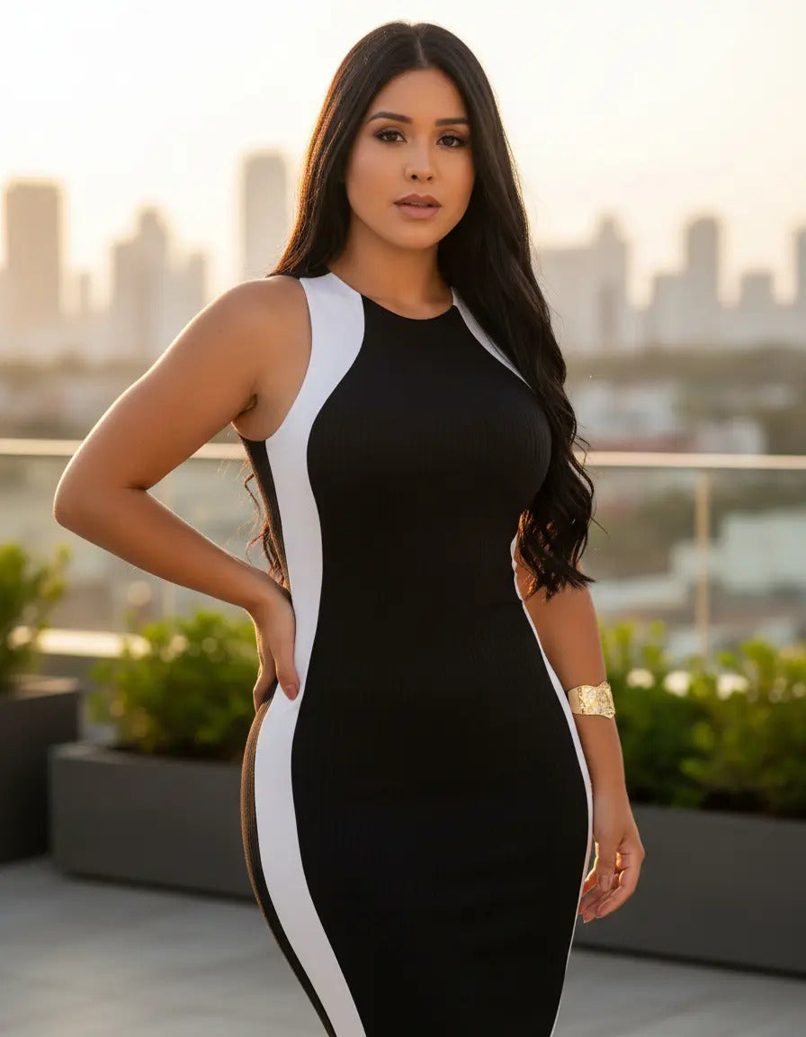 Vestido Canelado Midi Faixas Regata Casual Básico Modelador
