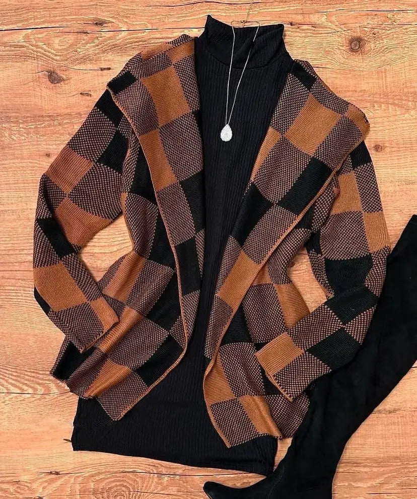 Casaco Cardigan Xadrez Tricot Blusa De Frio Kimono Inverno