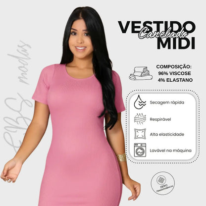 Vestido Canelado Midi Com Manga e Fenda Lateral Casual Básico