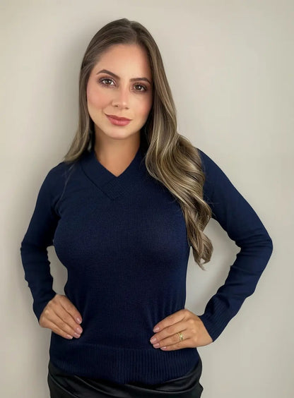 Blusa Trico Basica De Frio Feminina Decote V Manga Longa