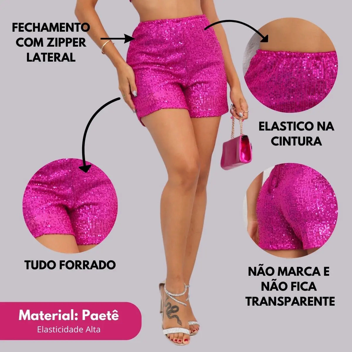 Short Bermuda Feminino Cintura Alta Paetê Balada Moda Brilho