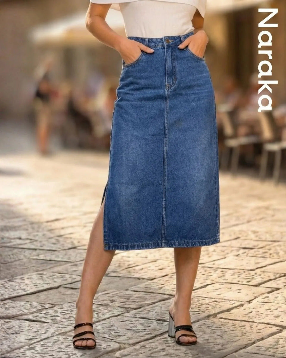 Saia Jeans Feminina Longa Midi Evangélica Cintura Alta