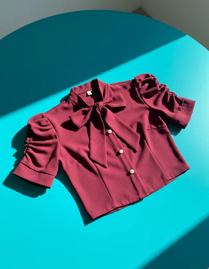 Blusa Camisa Social Romântica Laço E Botões De Pérola Manga