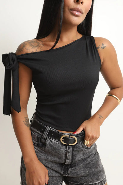 Cropped Feminino Blusa Moderno Manga Laço Amarração