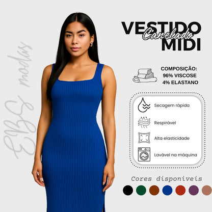 Vestido Midi Canelado Premium Com Alça E Fendas Casual Básico