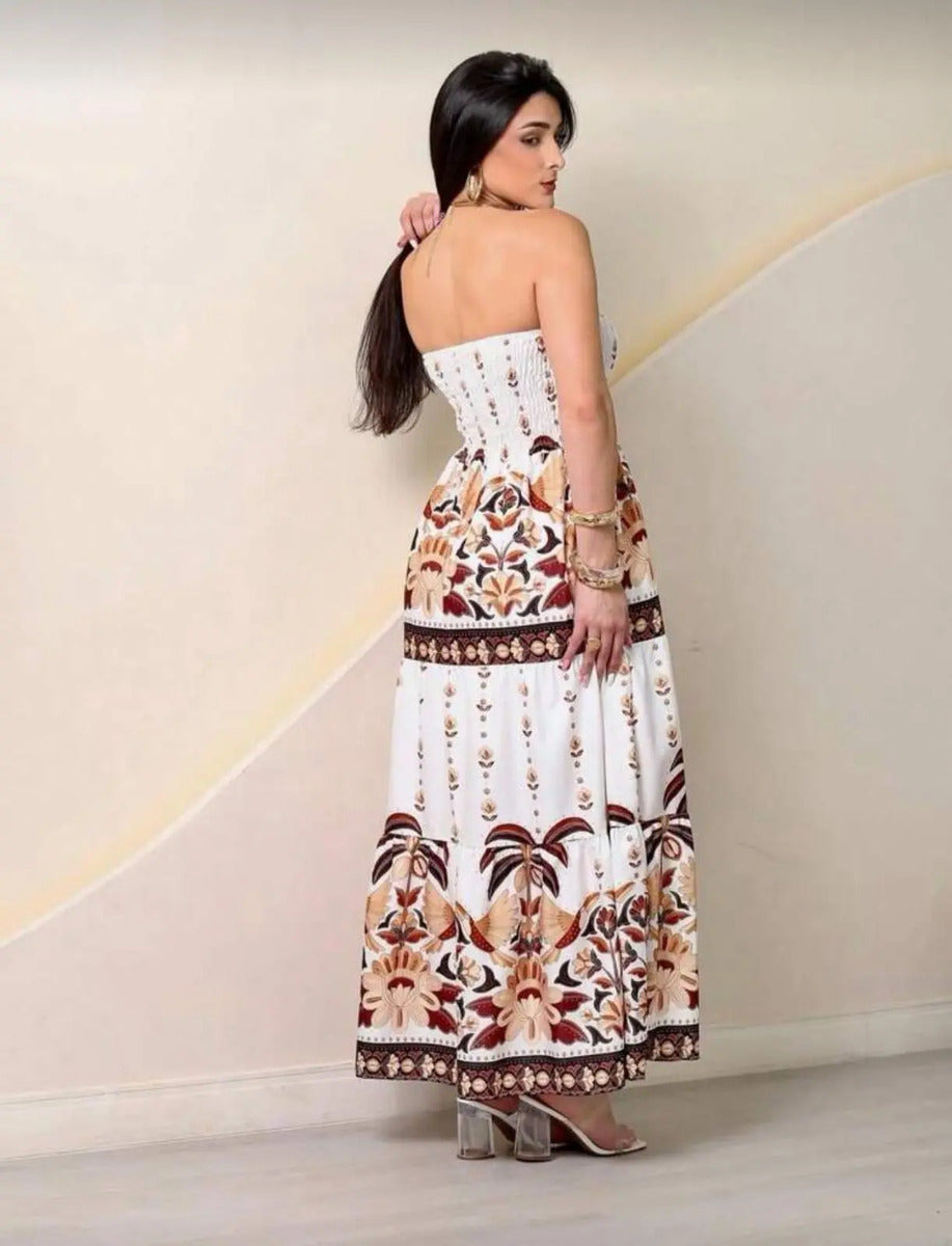 Lightweight Elastic Floral Strapless Long Dress Summer Fashion