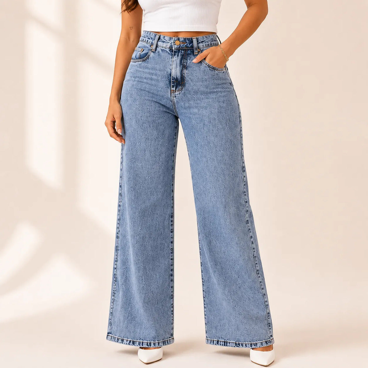 Calça Jeans Pantalona Wide Leg Feminina Cintura Alta Larga