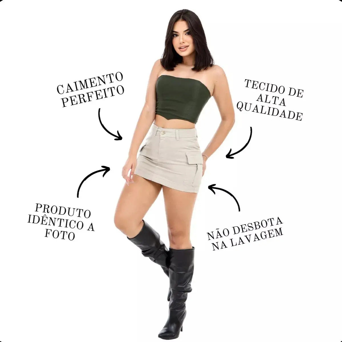 Saia Cargo Feminina Mini Jeans Algodão C/ Lycra