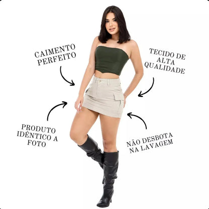 Saia Cargo Feminina Mini Jeans Algodão C/ Lycra
