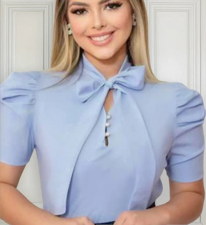 Blusa Camisa Social Romântica Laço E Botões De Pérola Manga