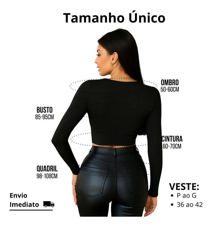 Blusa Cropped Top Manga Longa Suplex Forrado Collant Croped