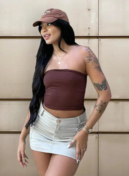 Cropped Tubo Top Tubinho Suplex Duplo Azul Royal Marrom