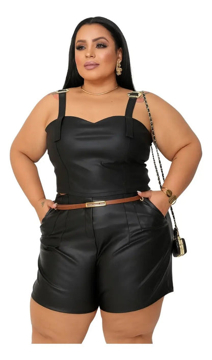 Short Couro Fake Feminino Plus Size Cintura Alta Festa Luxo