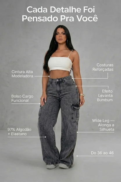 Calça Cargo Feminina Wide Leg Cintura Alta Jeans  Stillger