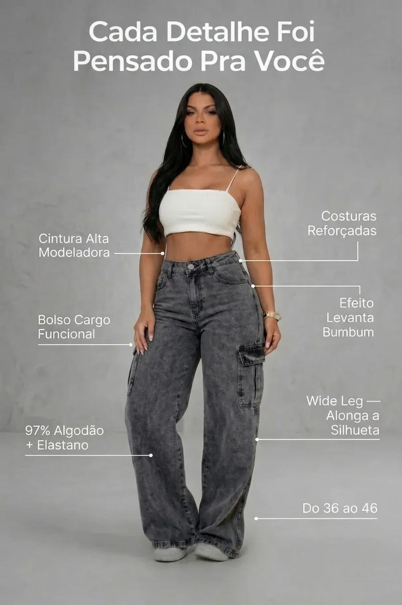 Calça Cargo Feminina Wide Leg Cintura Alta Jeans  Stillger