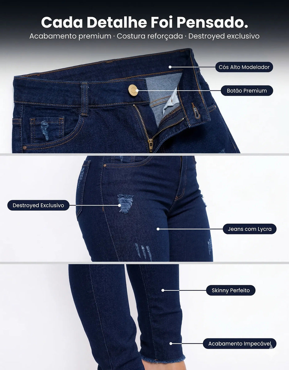 Calça Jeans Feminina Preta Skiny Cintura Alta Levanta Bumbum