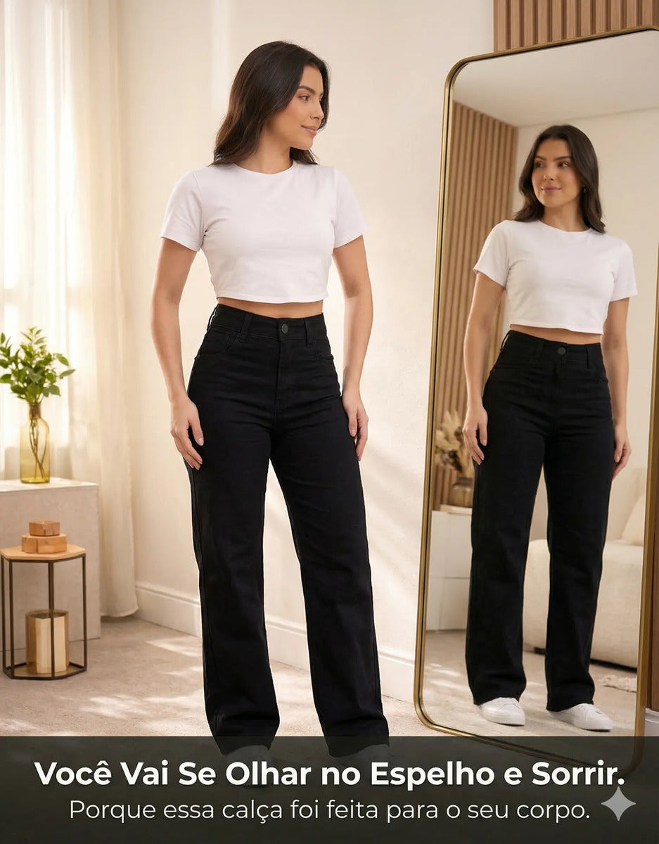 Calça Jeans Wide Leg Feminina Cintura Alta Sem Lycra Stillge