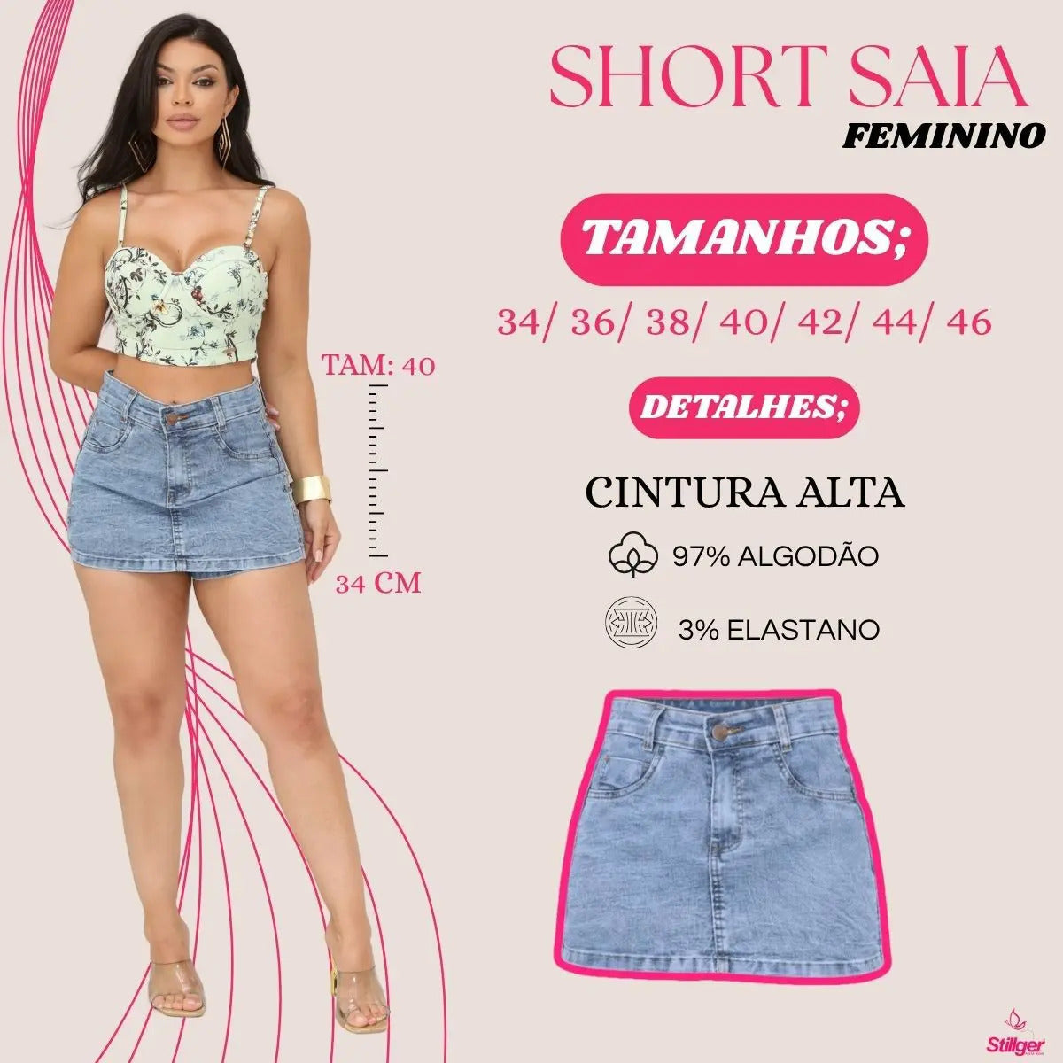 Short Saia Jeans Feminino Cintura Alta Com Lycra Stillger