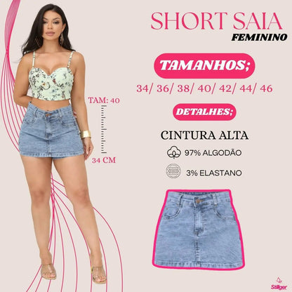 Short Saia Jeans Feminino Cintura Alta Com Lycra Stillger