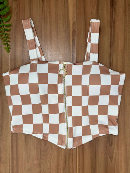 Cropped Zipper Corset Xadrez Balada Country Luxo Premium